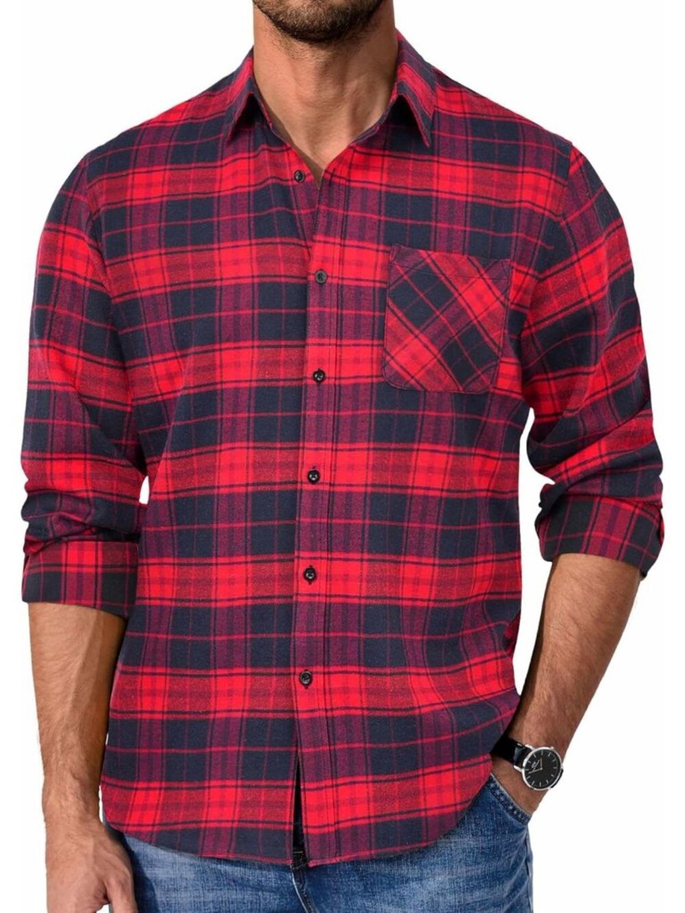 Men's Red Black Polyester Blend Long Sleeve Casual Flannel Button Down Shirt